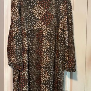 Chic Long Sleeve Floral Dress in Brown and Orange